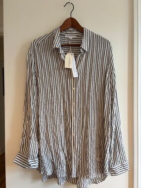 Jane & Delancey Navy and White Vertical Stripe Button-Down Shirt